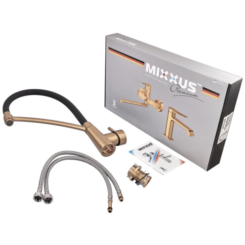 Смеситель для кухни MIXXUS PREMIUM ROSSI 017 BRUSHED GOLD REFL.BLACK (Цвет матовое золото+силик. излив черный) (MP6723)