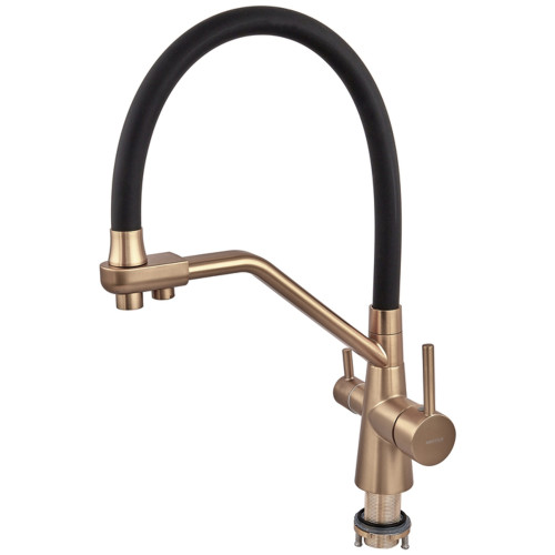 Смеситель для кухни MIXXUS PREMIUM SENNA 021 BRUSHED GOLD REFL.BLACK с выходом для питьевой воды (Цвет матовое золото+силик. излив черный) (MP6722)