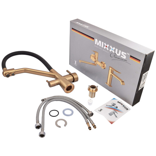 Смеситель для кухни MIXXUS PREMIUM SENNA 021 BRUSHED GOLD REFL.BLACK с выходом для питьевой воды (Цвет матовое золото+силик. излив черный) (MP6722)